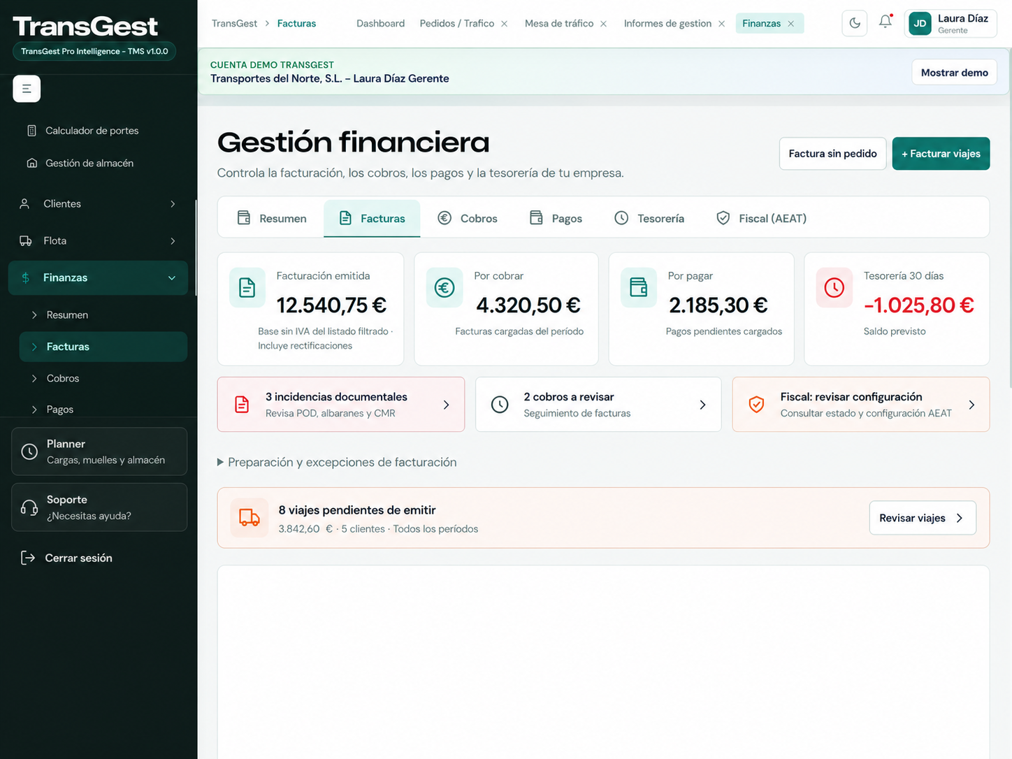 Gestión financiera de TransGest, con identidades y datos de demostración